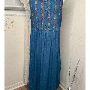 Vtg Erika & Co Embroidered Denim Maxi M Jumper Dress  Fall Country Modest 90 Y2k
